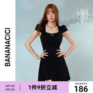 CICI清仓特卖夏秋季新款复古蕾丝花边泡泡袖方领短连衣裙女小黑裙