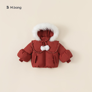 女童羽绒服冬季儿童连帽红色，圣诞外套女宝宝加厚保暖灯笼袖新年装