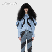 Louisshengchen原创设计师23秋水波蕾丝拼接蝙蝠袖衬衣