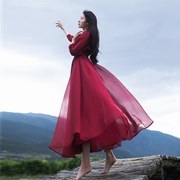 棉麻记复古雪纺连衣裙女夏季红色v领度假长裙，气质收腰仙女裙