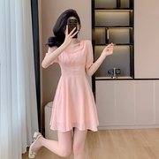 粉色雪纺小个子连衣裙女夏装2024收腰气质今年流行漂亮短裙子