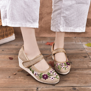 春夏季老北京布鞋舞蹈民族风绣花鞋坡跟单鞋亚麻透气高跟布鞋