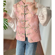 新中式国风鸟语花香盘扣提花粉色，马甲外套上衣女装春气质马夹