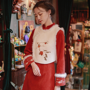 很想很想你周也同款原创秋冬圣诞红色旗袍，连衣裙新年旗袍国风套装