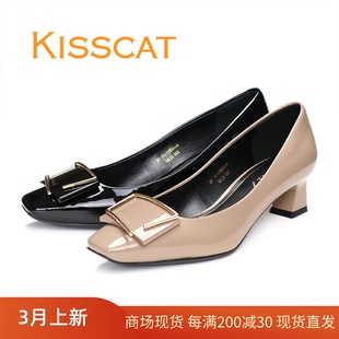 KISSCAT接吻猫202438501低跟方头漆牛皮女单鞋KA48501-11