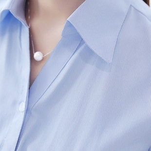 防走光浅蓝斜纹衬衣女短袖春夏长袖上班大码工作服职业V领白衬衫