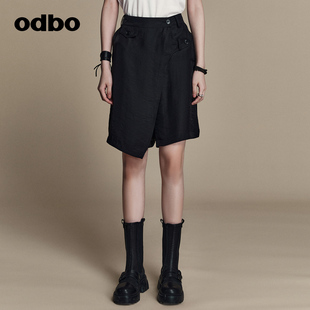 odbo/欧迪比欧原创设计感高腰拼接黑色休闲短裤女夏季