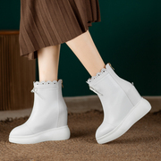 12cm内增高女靴秋冬季厚底白色，真皮坡跟瘦瘦单靴小个子超高跟短靴
