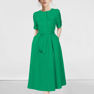 绿色连衣裙2023夏女士(夏女士)收腰过膝长裙气质女装，大码胖mm遮肚子纯色裙