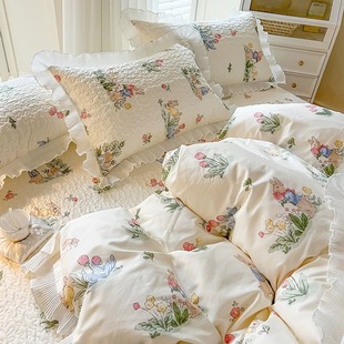 夏季全棉四件套纯棉公主风田园床单被套夹棉床盖款三件套床上用品