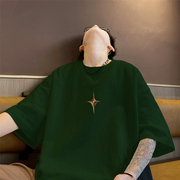 墨绿色320g重磅t恤男纯棉美式复古小领口短袖oversize潮牌七分袖