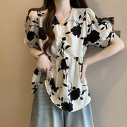夏装大码女装韩版修身显瘦设计感v领抽绳，长袖衬衣m-4xl200斤