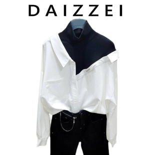 daizzei~2023春装宽松高领拼接白色上衣，假两件女士长袖衬衫潮