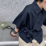 WEY KDIS2023夏款儿童日系绅士衬衫男童宝宝短袖上衣休闲打结外套