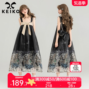 keiko蝶影新中式吊带连衣裙，2024夏季暗黑，系显瘦欧根纱a字长裙