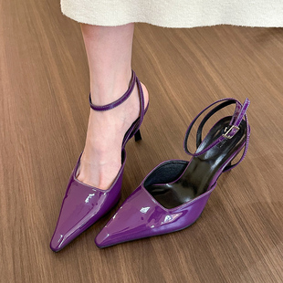 elingstudio微醺葡萄紫!尖头，一字带漆皮高跟鞋，女包头后空凉鞋女