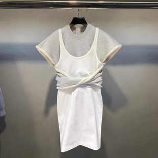 2022夏季短袖圆领假两件纯色束腰包臀拉链气质连衣裙