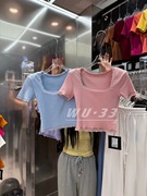wu.33方领上衣2024夏季韩版纯欲显瘦甜美蕾丝拼接设计短袖T恤
