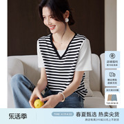 XWI/欣未假两件黑白条纹短袖T恤女夏季通勤简约休闲显瘦上衣