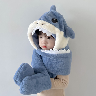冬季儿童帽子围巾手套一体帽宝宝男童围脖可爱鲨鱼加绒护耳防风帽