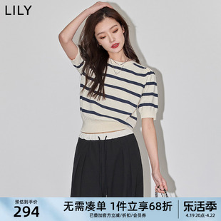 lily2024春女装复古条纹时尚，通勤气质泡泡袖修身短款毛针织衫