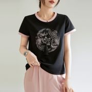 黑色新中式撞色针织上衣圆领短袖T恤女夏季中国风流苏正肩