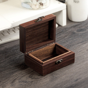 黑胡桃实木复古长方形小木盒，收纳首饰收藏木制带锁木质胡桃木盒子