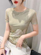 韩版大码网纱打底衫女夏季百搭圆领短袖上衣修身显瘦印花上衣