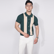 川泽男士撞色短袖polo衫，针织衫夏季韩版修身翻领，开衫粗条纹t恤潮
