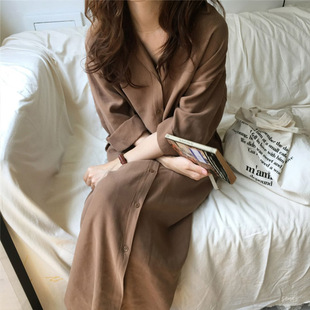 衬衫外套女2019春装韩版设计感小众雪纺睡衣超长款过膝大码衬衣裙