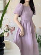 茶歇法式紫色泡泡袖雪纺连衣裙女夏季收腰仙女蓬蓬裙子高级感长裙