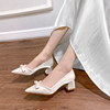 公主婚纱婚鞋新娘鞋2024年粗跟水晶蝴蝶结白色法式少女高跟鞋
