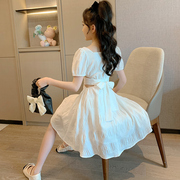 女童夏装洋气短袖连衣裙，2024潮牌儿童时髦公主，裙童装白色裙子