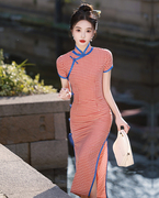 红色格子旗袍棉麻春夏季连衣裙少女士青年轻款日常穿的复古民国风