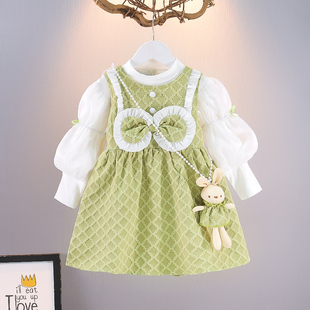 女童春秋装宝宝长袖洋气连衣裙，时尚套装婴儿，绿色公主裙韩系童装潮