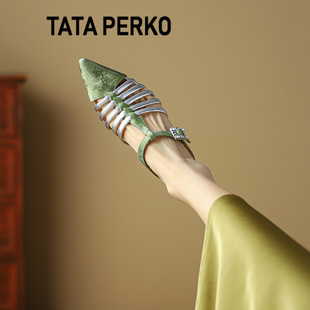 TATA PERKO联名尖头坡跟拖鞋女夏外穿编织镂空半拖高跟凉鞋穆勒鞋