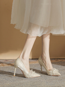 婚鞋白色法式高跟鞋女2023主婚纱新娘鞋伴娘礼服鞋平时可穿
