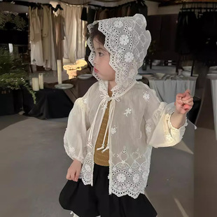 女童蕾丝防晒衣2024夏季韩版儿童装花朵刺绣，甜美连帽长袖外套