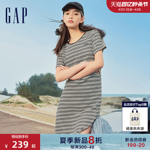 Gap女装2024夏季条纹褶裥收腰短袖连衣裙清新甜美长裙512504
