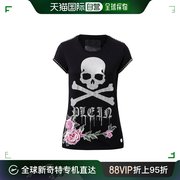 香港直邮PHILIPP PLEIN  女士黑色骷髅玫瑰花印花棉质短袖T恤 WTK