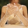 白色长款手套透明纱网粘珠包手指新娘婚纱舞台表演出半指手套