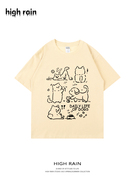 日系可爱狗狗涂鸦卡通，印花短袖t恤女奶，黄色纯棉上衣2024夏季