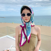 法式彩色树叶丝巾女2024绑发带包头巾(包头巾，)夏日海边沙滩防晒小方巾