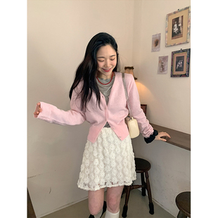 韩国2024年春季简约开衫纯色单排扣针织衫女+甜美蕾丝淑女半身裙
