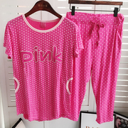 莫代尔睡衣女夏季薄款可爱波点韩版pink家居服，宽松短袖七分裤套装