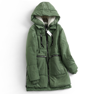 军绿色立体口袋连帽拉链，外套长款冬季长袖，简约女棉衣棉服n852