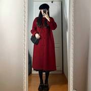 酒红色呢子大衣女，秋冬vintage小个子，赫本风中长款毛呢外套女