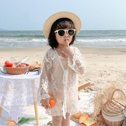 女童网红蕾丝连帽防晒衣中长款轻薄外套夏季洋气韩版海边外穿开衫