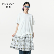 moveup幻走2024春季.fun系列，不规则印花纯棉，针织白色连衣裙女