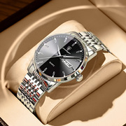 瑞士认证柏达茄品牌钢带石英机芯，双日历防水夜光商务薄款男士手表